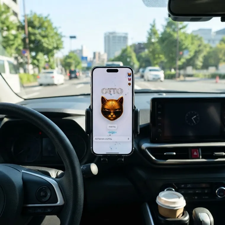 Kanneko running on a phone mounted on the dashboard. The driver says: Remind me to grab milk before I get home. Kanneko answers: Got it. I'll bring it up when you're near the store.