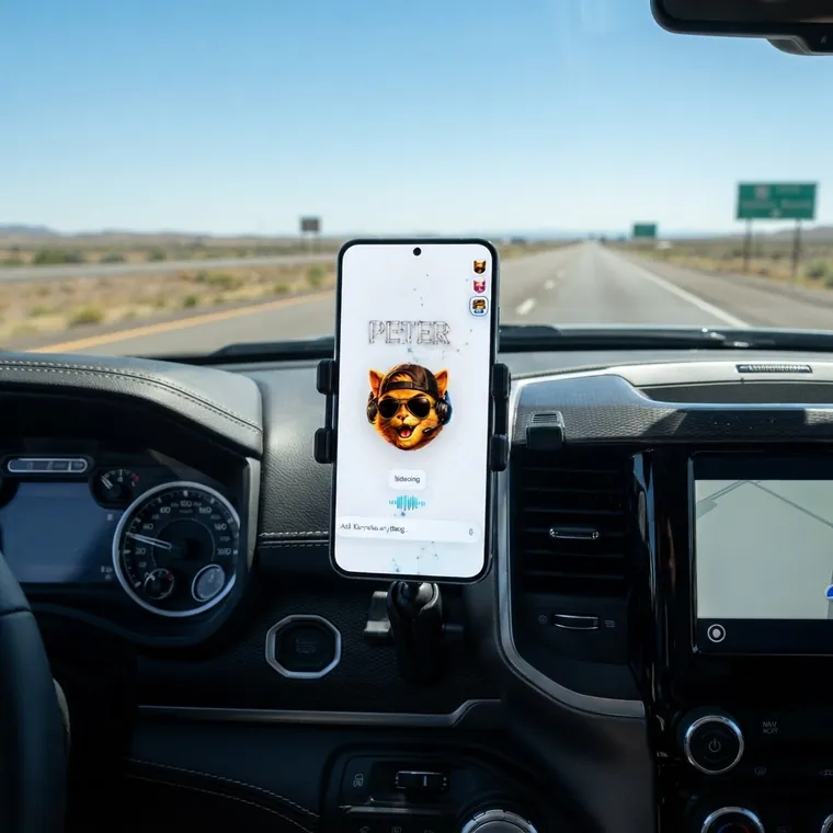 Kanneko running on a phone mounted on the dashboard. The driver says: Long stretch ahead. Any gas before it gets empty? Kanneko answers: Last one for eighty miles is in four. Take that one.