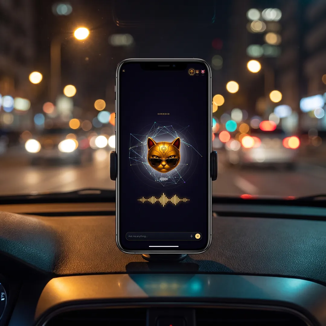 Kanneko running hands-free on a phone mounted in a rideshare car at night